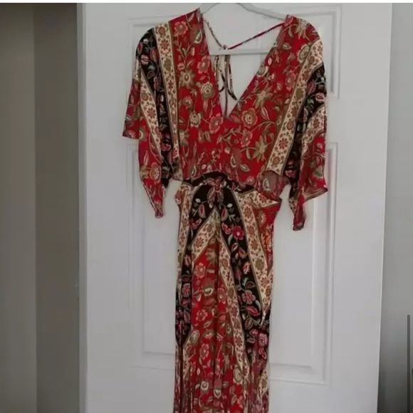 Red Bohemian Kimono Open Back floral Maxi Dress - Picture 5 of 6